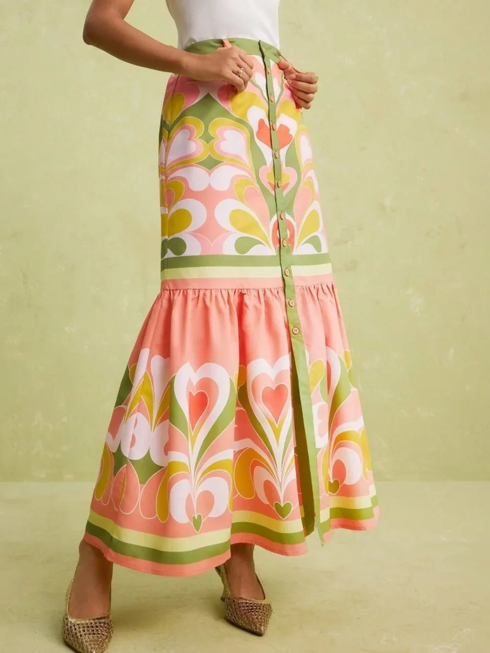 Multicolor Boho Women's Elegant Tea Party Heart Print Front Slit Skirt